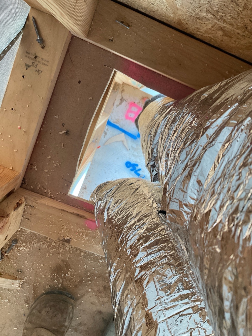 Heating and cooling ducting bent tightly and unsupported, recorded during a lock-up inspection in Point Cook